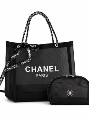 Chanel Black Mesh Beach Bag Tote w/ Matching Black Pouch • NEW IN PACKAGE